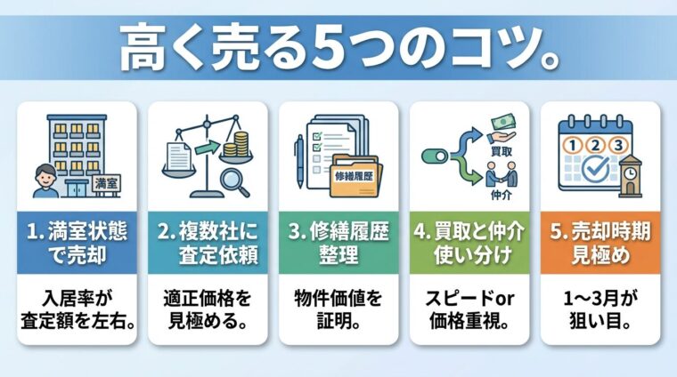 タイトル: 高く売る5つのコツ。横並び5カードで: カード1（満室アイコン）ヘッダー: 満室状態で売却、説明: 入居率が査定額を左右。カード2（比較アイコン）ヘッダー: 複数社に査定依頼、説明: 適正価格を見極める。カード3（書類アイコン）ヘッダー: 修繕履歴整理、説明: 物件価値を証明。カード4（選択アイコン）ヘッダー: 買取と仲介使い分け、説明: スピードor価格重視。カード5（カレンダーアイコン）ヘッダー: 売却時期見極め、説明: 1〜3月が狙い目