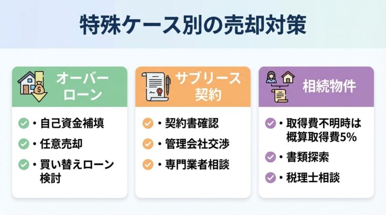 タイトル: 特殊ケース別の売却対策。横並び3カードで: カード1（ローンアイコン）ヘッダー: オーバーローン、説明: 自己資金補填・任意売却・買い替えローン検討。カード2（契約書アイコン）ヘッダー: サブリース契約、説明: 契約書確認・管理会社交渉・専門業者相談。カード3（相続アイコン）ヘッダー: 相続物件、説明: 取得費不明時は概算取得費5%・書類探索・税理士相談