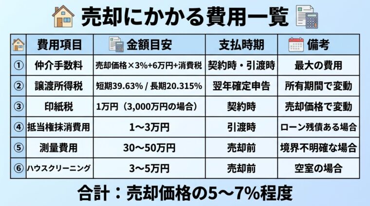 タイトル: 売却にかかる費用一覧。4列の表: ヘッダー行: 費用項目 | 金額目安 | 支払時期 | 備考。行1: 仲介手数料 | 売却価格&times;3%+6万円+消費税 | 契約時・引渡時 | 最大の費用。行2: 譲渡所得税 | 短期39.63% / 長期20.315% | 翌年確定申告 | 所有期間で変動。行3: 印紙税 | 1万円（3,000万円の場合） | 契約時 | 売却価格で変動。行4: 抵当権抹消費用 | 1〜3万円 | 引渡時 | ローン残債ある場合。行5: 測量費用 | 30〜50万円 | 売却前 | 境界不明確な場合。行6: ハウスクリーニング | 3〜5万円 | 売却前 | 空室の場合。表の下に「合計: 売却価格の5〜7%程度」と表示