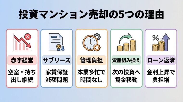 タイトル: 投資マンション売却の5つの理由。横並び5カードで: カード1（赤字グラフアイコン）ヘッダー: 赤字経営、説明: 空室・持ち出し継続。カード2（契約書アイコン）ヘッダー: サブリース、説明: 家賃保証減額問題。カード3（時計アイコン）ヘッダー: 管理負担、説明: 本業多忙で時間なし。カード4（矢印アイコン）ヘッダー: 資産組み換え、説明: 次の投資へ資金移動。カード5（お金アイコン）ヘッダー: ローン返済、説明: 金利上昇で負担増