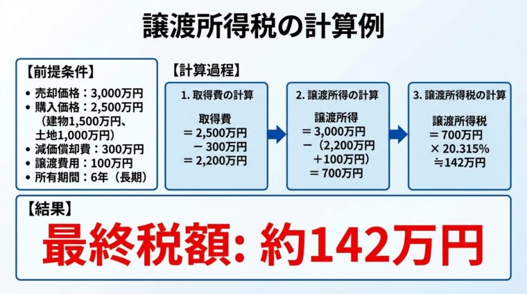 タイトル: 譲渡所得税の計算例。計算過程を箱で区切って表示: 【前提条件】売却価格: 3,000万円、購入価格: 2,500万円（建物1,500万円、土地1,000万円）、減価償却費: 300万円、譲渡費用: 100万円、所有期間: 6年（長期）。【計算】取得費＝2,500万円－300万円＝2,200万円。譲渡所得＝3,000万円－（2,200万円＋100万円）＝700万円。譲渡所得税＝700万円&times;20.315%≒142万円。【結果】最終税額: 約142万円（赤字で大きく表示）