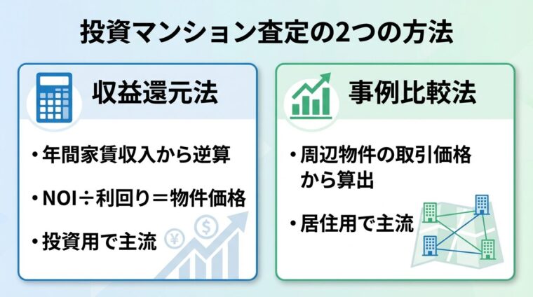 タイトル: 投資マンション査定の2つの方法。横並び2カードで: カード1（計算機アイコン）ヘッダー: 収益還元法、説明: 年間家賃収入から逆算。NOI&divide;利回り＝物件価格。投資用で主流。カード2（グラフアイコン）ヘッダー: 事例比較法、説明: 周辺物件の取引価格から算出。居住用で主流