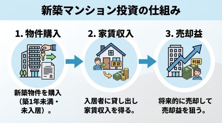 タイトル: 新築マンション投資の仕組み。3ステップのフロー図: ステップ1（物件購入のアイコン）: 新築物件を購入（築1年未満・未入居）。ステップ2（家のアイコン）: 入居者に貸し出し家賃収入を得る。ステップ3（矢印アイコン）: 将来的に売却して売却益を狙う