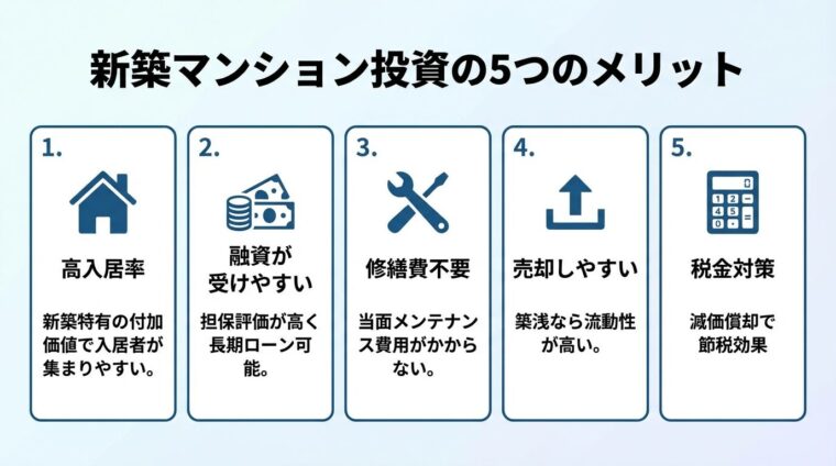 タイトル: 新築マンション投資の5つのメリット。5つのカードを横並びで: カード1（家のアイコン）ヘッダー: 高入居率、説明: 新築特有の付加価値で入居者が集まりやすい。カード2（お金のアイコン）ヘッダー: 融資が受けやすい、説明: 担保評価が高く長期ローン可能。カード3（工具のアイコン）ヘッダー: 修繕費不要、説明: 当面メンテナンス費用がかからない。カード4（矢印のアイコン）ヘッダー: 売却しやすい、説明: 築浅なら流動性が高い。カード5（計算機のアイコン）ヘッダー: 税金対策、説明: 減価償却で節税効果