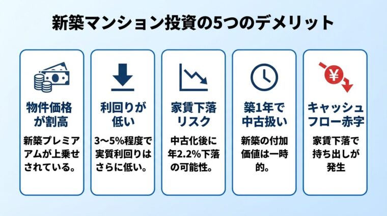 タイトル: 新築マンション投資の5つのデメリット。5つのカードを横並びで: カード1（お金のアイコン）ヘッダー: 物件価格が割高、説明: 新築プレミアムが上乗せされている。カード2（下矢印のアイコン）ヘッダー: 利回りが低い、説明: 3〜5%程度で実質利回りはさらに低い。カード3（グラフのアイコン）ヘッダー: 家賃下落リスク、説明: 中古化後に年2.2%下落の可能性。カード4（時計のアイコン）ヘッダー: 築1年で中古扱い、説明: 新築の付加価値は一時的。カード5（赤字のアイコン）ヘッダー: キャッシュフロー赤字、説明: 家賃下落で持ち出しが発生