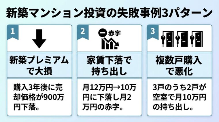 タイトル: 新築マンション投資の失敗事例3パターン。3つのカードを横並びで: カード1（下矢印のアイコン）ヘッダー: 新築プレミアムで大損、説明: 購入3年後に売却価格が900万円下落。カード2（赤字のアイコン）ヘッダー: 家賃下落で持ち出し、説明: 月12万円&rarr;10万円に下落し月2万円の赤字。カード3（複数のアイコン）ヘッダー: 複数戸購入で悪化、説明: 3戸のうち2戸が空室で月10万円の持ち出し