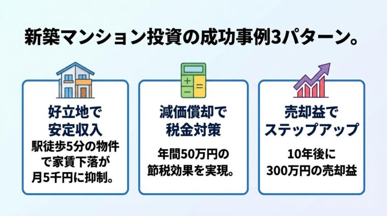 タイトル: 新築マンション投資の成功事例3パターン。3つのカードを横並びで: カード1（家のアイコン）ヘッダー: 好立地で安定収入、説明: 駅徒歩5分の物件で家賃下落が月5千円に抑制。カード2（計算機のアイコン）ヘッダー: 減価償却で税金対策、説明: 年間50万円の節税効果を実現。カード3（上矢印のアイコン）ヘッダー: 売却益でステップアップ、説明: 10年後に300万円の売却益