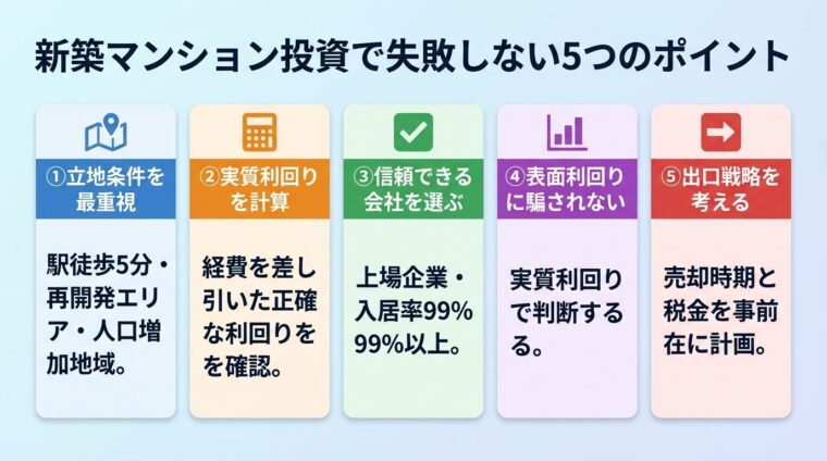 タイトル: 新築マンション投資で失敗しない5つのポイント。5つのカードを横並びで: カード1（地図のアイコン）ヘッダー: 立地条件を最重視、説明: 駅徒歩5分・再開発エリア・人口増加地域。カード2（計算機のアイコン）ヘッダー: 実質利回りを計算、説明: 経費を差し引いた正確な利回りを確認。カード3（チェックのアイコン）ヘッダー: 信頼できる会社を選ぶ、説明: 上場企業・入居率99%以上。カード4（グラフのアイコン）ヘッダー: 表面利回りに騙されない、説明: 実質利回りで判断する。カード5（矢印のアイコン）ヘッダー: 出口戦略を考える、説明: 売却時期と税金を事前に計画