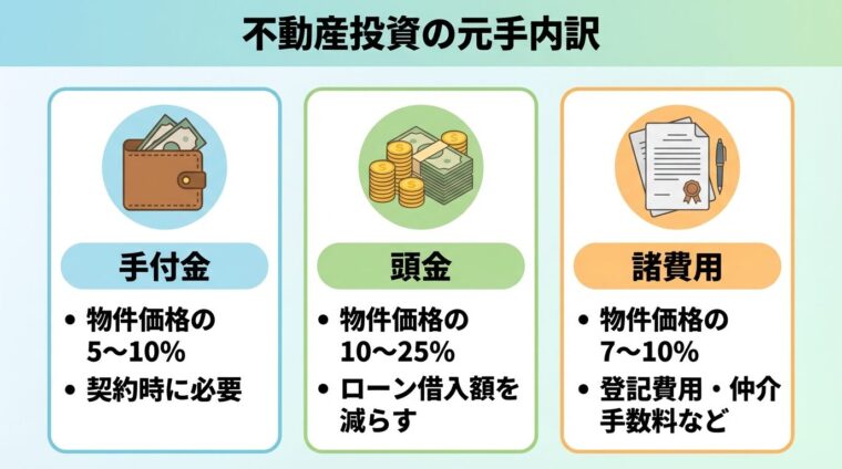 タイトル: 不動産投資の元手内訳。3つの横並びカードで構成: カード1（財布のアイコン）ヘッダー: 手付金、説明: 物件価格の5〜10％、契約時に必要。カード2（お金のアイコン）ヘッダー: 頭金、説明: 物件価格の10〜25％、ローン借入額を減らす。カード3（書類のアイコン）ヘッダー: 諸費用、説明: 物件価格の7〜10％、登記費用・仲介手数料など
