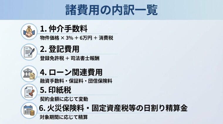 タイトル: 諸費用の内訳一覧。縦積みリスト形式で6項目: 1. 仲介手数料（物件価格&times;3%＋6万円＋消費税）、2. 登記費用（登録免許税＋司法書士報酬）、3. 不動産取得税（固定資産税評価額&times;税率）、4. ローン関連費用（融資手数料・保証料・団信保険料）、5. 印紙税（契約金額に応じて変動）、6. 火災保険料・固定資産税等の日割り精算金