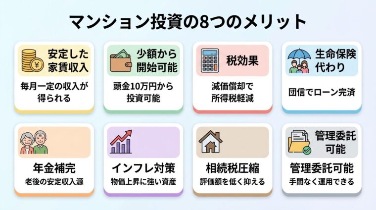 タイトル: マンション投資の8つのメリット。縦2列&times;横4列のカード配置。カード1（コインのアイコン）ヘッダー: 安定した家賃収入、説明: 毎月一定の収入が得られる。カード2（財布のアイコン）ヘッダー: 少額から開始可能、説明: 頭金10万円から投資可能。カード3（電卓のアイコン）ヘッダー: 税効果、説明: 減価償却で所得税軽減。カード4（傘のアイコン）ヘッダー: 生命保険代わり、説明: 団信でローン完済。カード5（老人のアイコン）ヘッダー: 年金補完、説明: 老後の安定収入源。カード6（上昇矢印のアイコン）ヘッダー: インフレ対策、説明: 物価上昇に強い資産。カード7（家のアイコン）ヘッダー: 相続税圧縮、説明: 評価額を低く抑える。カード8（書類のアイコン）ヘッダー: 管理委託可能、説明: 手間なく運用できる
