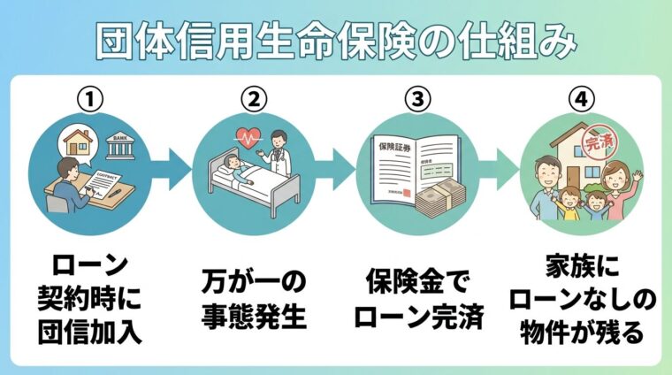 タイトル: 団体信用生命保険の仕組み。左から右へのフロー図。ステップ1（契約者のアイコン）: ローン契約時に団信加入。矢印。ステップ2（病院のアイコン）: 万が一の事態発生。矢印。ステップ3（保険証券のアイコン）: 保険金でローン完済。矢印。ステップ4（家族のアイコン）: 家族にローンなしの物件が残る