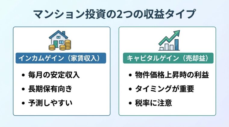 タイトル: マンション投資の2つの収益タイプ。横並び2カード。カード1（家とコインのアイコン）ヘッダー: インカムゲイン（家賃収入）、説明: 毎月の安定収入、長期保有向き、予測しやすい。カード2（上昇グラフのアイコン）ヘッダー: キャピタルゲイン（売却益）、説明: 物件価格上昇時の利益、タイミングが重要、税率に注意