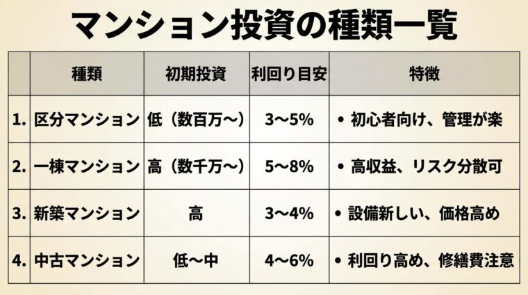 タイトル: マンション投資の種類一覧。4列の表形式。ヘッダー行: 種類 | 初期投資 | 利回り目安 | 特徴。行1: 区分マンション | 低（数百万〜） | 3〜5% | 初心者向け、管理が楽。行2: 一棟マンション | 高（数千万〜） | 5〜8% | 高収益、リスク分散可。行3: 新築マンション | 高 | 3〜4% | 設備新しい、価格高め。行4: 中古マンション | 低〜中 | 4〜6% | 利回り高め、修繕費注意