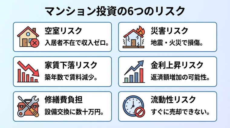 タイトル: マンション投資の6つのリスク。縦3列&times;横2列のカード配置。カード1（空き家のアイコン）ヘッダー: 空室リスク、説明: 入居者不在で収入ゼロ。カード2（下降矢印のアイコン）ヘッダー: 家賃下落リスク、説明: 築年数で賃料減少。カード3（工具のアイコン）ヘッダー: 修繕費負担、説明: 設備交換に数十万円。カード4（地震のアイコン）ヘッダー: 災害リスク、説明: 地震・火災で損傷。カード5（グラフ上昇のアイコン）ヘッダー: 金利上昇リスク、説明: 返済額増加の可能性。カード6（時計のアイコン）ヘッダー: 流動性リスク、説明: すぐに売却できない