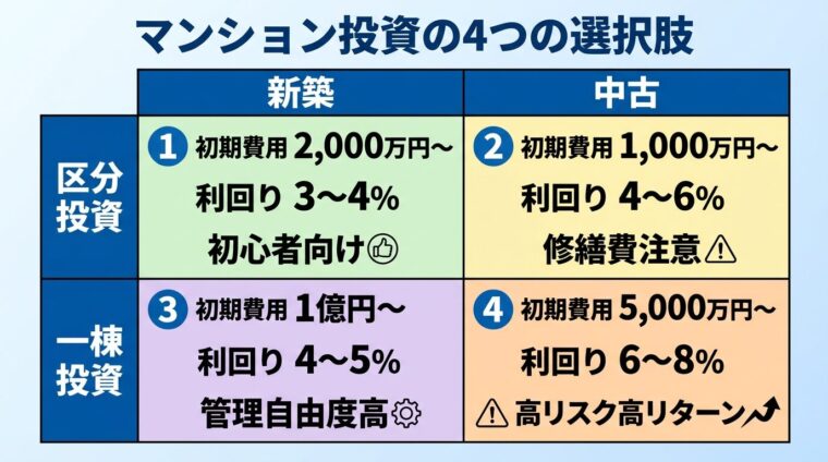 タイトル: マンション投資の4つの選択肢。2&times;2のマトリクス表: 縦軸: 区分投資/一棟投資、横軸: 新築/中古。セル1（区分&times;新築）: 初期費用2,000万円〜、利回り3〜4%、初心者向け◎。セル2（区分&times;中古）: 初期費用1,000万円〜、利回り4〜6%、修繕費注意。セル3（一棟&times;新築）: 初期費用1億円〜、利回り4〜5%、管理自由度高。セル4（一棟&times;中古）: 初期費用5,000万円〜、利回り6〜8%、高リスク高リターン