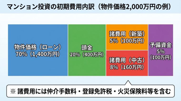 タイトル: マンション投資の初期費用内訳（物件価格2,000万円の例）。円グラフまたは積み上げ棒グラフで: 物件価格（ローン）70%（1,400万円）、頭金20%（400万円）、諸費用（新築）5%（100万円）または諸費用（中古）8%（160万円）、予備資金5%（100万円）。注釈: 諸費用には仲介手数料・登録免許税・火災保険料等を含む