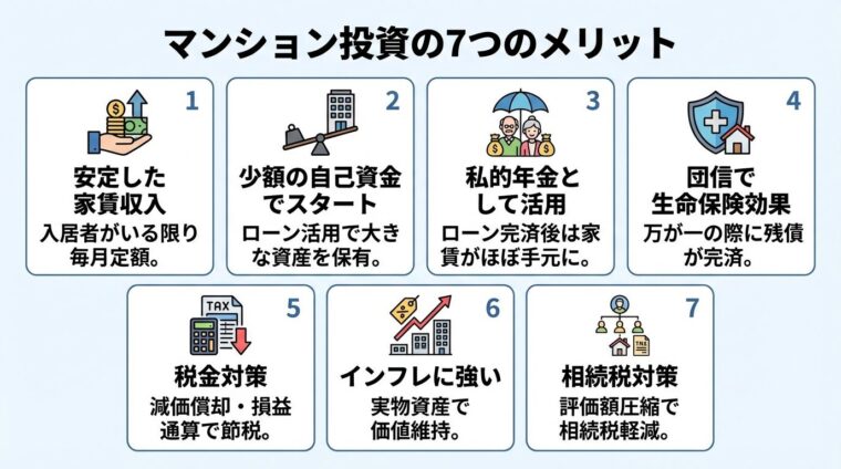 タイトル: マンション投資の7つのメリット。7つのカードを横並びまたは2列で配置: カード1（安定収入のアイコン）ヘッダー: 安定した家賃収入、説明: 入居者がいる限り毎月定額。カード2（レバレッジのアイコン）ヘッダー: 少額の自己資金でスタート、説明: ローン活用で大きな資産を保有。カード3（年金のアイコン）ヘッダー: 私的年金として活用、説明: ローン完済後は家賃がほぼ手元に。カード4（保険のアイコン）ヘッダー: 団信で生命保険効果、説明: 万が一の際に残債が完済。カード5（税金のアイコン）ヘッダー: 税金対策、説明: 減価償却・損益通算で節税。カード6（インフレのアイコン）ヘッダー: インフレに強い、説明: 実物資産で価値維持。カード7（相続のアイコン）ヘッダー: 相続税対策、説明: 評価額圧縮で相続税軽減