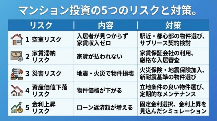 タイトル: マンション投資の5つのリスクと対策。5行の表: ヘッダー行: リスク | 内容 | 対策。行1: 空室リスク | 入居者が見つからず家賃収入ゼロ | 駅近・都心部の物件選び、サブリース契約検討。行2: 家賃滞納リスク | 家賃が払われない | 家賃保証会社の利用、厳格な入居審査。行3: 災害リスク | 地震・火災で物件損壊 | 火災保険・地震保険加入、新耐震基準の物件選び。行4: 資産価値下落リスク | 物件価格が下がる | 立地条件の良い物件選び、定期的なメンテナンス。行5: 金利上昇リスク | ローン返済額が増える | 固定金利選択、金利上昇を見込んだシミュレーション