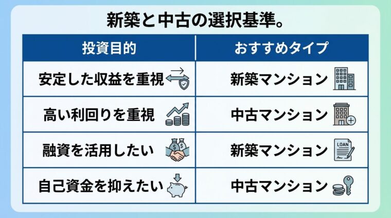 タイトル: 新築と中古の選択基準。2列の表形式。ヘッダー行: 投資目的 | おすすめタイプ。行1: 安定した収益を重視 | 新築マンション。行2: 高い利回りを重視 | 中古マンション。行3: 融資を活用したい | 新築マンション。行4: 自己資金を抑えたい | 中古マンション