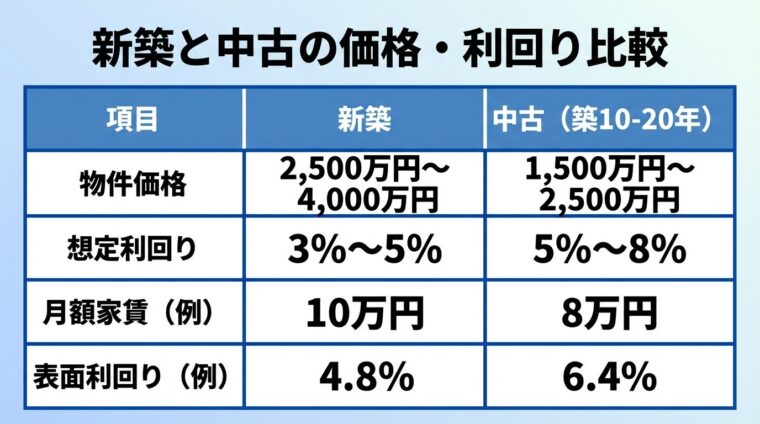タイトル: 新築と中古の価格・利回り比較。2列の表形式。ヘッダー行: 項目 | 新築 | 中古（築10-20年）。行1: 物件価格 | 2,500万円〜4,000万円 | 1,500万円〜2,500万円。行2: 想定利回り | 3%〜5% | 5%〜8%。行3: 月額家賃（例） | 10万円 | 8万円。行4: 表面利回り（例） | 4.8% | 6.4%
