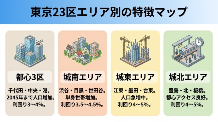 タイトル: 東京23区エリア別の特徴マップ。4つの横並びカード。カード1（オフィスビルのアイコン）ヘッダー: 都心3区、説明: 千代田・中央・港。2045年まで人口増加。利回り3〜4%。カード2（住宅のアイコン）ヘッダー: 城南エリア、説明: 渋谷・目黒・世田谷。単身世帯増加。利回り3.5〜4.5%。カード3（再開発のアイコン）ヘッダー: 城東エリア、説明: 江東・墨田・台東。人口急増中。利回り4〜5%。カード4（駅のアイコン）ヘッダー: 城北エリア、説明: 豊島・北・板橋。都心アクセス良好。利回り4〜5%