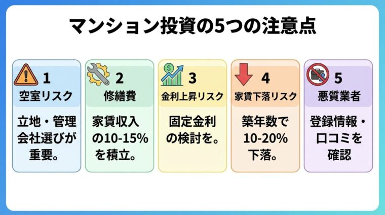 タイトル: マンション投資の5つの注意点。5つの横並びカード。カード1（警告アイコン）ヘッダー: 空室リスク、説明: 立地・管理会社選びが重要。カード2（工具アイコン）ヘッダー: 修繕費、説明: 家賃収入の10-15%を積立。カード3（金利グラフアイコン）ヘッダー: 金利上昇リスク、説明: 固定金利の検討を。カード4（下矢印アイコン）ヘッダー: 家賃下落リスク、説明: 築年数で10-20%下落。カード5（禁止アイコン）ヘッダー: 悪質業者、説明: 登録情報・口コミを確認