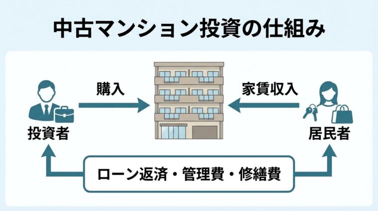 タイトル: 中古マンション投資の仕組み。中央に中古マンションのイラスト、左側に「購入」の矢印と投資家のアイコン、右側に「家賃収入」の矢印と入居者のアイコン。下部に「ローン返済・管理費・修繕費」のテキストボックス。シンプルなフロー図で投資の流れを表現