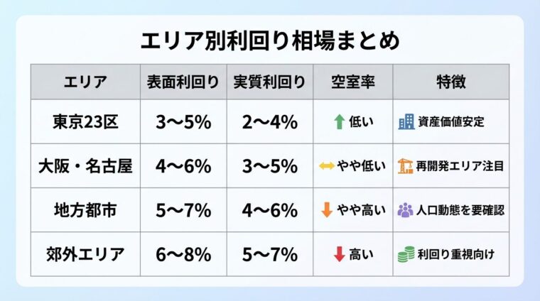 タイトル: エリア別利回り相場まとめ。5列の表。ヘッダー行: エリア | 表面利回り | 実質利回り | 空室率 | 特徴。行1: 東京23区 | 3〜5% | 2〜4% | 低い | 資産価値安定。行2: 大阪・名古屋 | 4〜6% | 3〜5% | やや低い | 再開発エリア注目。行3: 地方都市 | 5〜7% | 4〜6% | やや高い | 人口動態を要確認。行4: 郊外エリア | 6〜8% | 5〜7% | 高い | 利回り重視向け