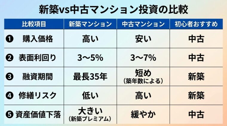 タイトル: 新築vs中古マンション投資の比較。4列の比較表。ヘッダー行: 比較項目 | 新築マンション | 中古マンション | 初心者おすすめ。行1: 購入価格 | 高い | 安い | 中古。行2: 表面利回り | 3〜5% | 3〜7% | 中古。行3: 融資期間 | 最長35年 | 短め（築年数による） | 新築。行4: 修繕リスク | 低い | 高い | 新築。行5: 資産価値下落 | 大きい（新築プレミアム） | 緩やか | 中古