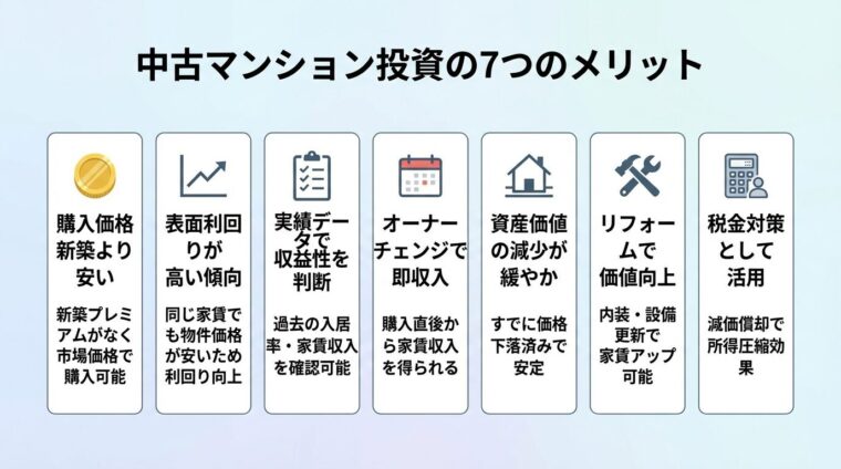 タイトル: 中古マンション投資の7つのメリット。縦並び7カードのインフォグラフィック。カード1（コインのアイコン）: 購入価格が新築より安い - 新築プレミアムがなく市場価格で購入可能。カード2（グラフ上昇アイコン）: 表面利回りが高い傾向 - 同じ家賃でも物件価格が安いため利回り向上。カード3（チェックリストアイコン）: 実績データで収益性を判断 - 過去の入居率・家賃収入を確認可能。カード4（カレンダーアイコン）: オーナーチェンジで即収入 - 購入直後から家賃収入を得られる。カード5（家アイコン）: 資産価値の減少が緩やか - すでに価格下落済みで安定。カード6（工具アイコン）: リフォームで価値向上 - 内装・設備更新で家賃アップ可能。カード7（電卓アイコン）: 税金対策として活用 - 減価償却で所得圧縮効果