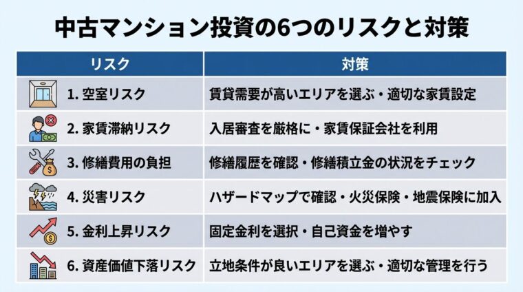 タイトル: 中古マンション投資の6つのリスクと対策。6行2列の表。ヘッダー行: リスク | 対策。行1: 空室リスク | 賃貸需要が高いエリアを選ぶ・適切な家賃設定。行2: 家賃滞納リスク | 入居審査を厳格に・家賃保証会社を利用。行3: 修繕費用の負担 | 修繕履歴を確認・修繕積立金の状況をチェック。行4: 災害リスク | ハザードマップで確認・火災保険・地震保険に加入。行5: 金利上昇リスク | 固定金利を選択・自己資金を増やす。行6: 資産価値下落リスク | 立地条件が良いエリアを選ぶ・適切な管理を行う