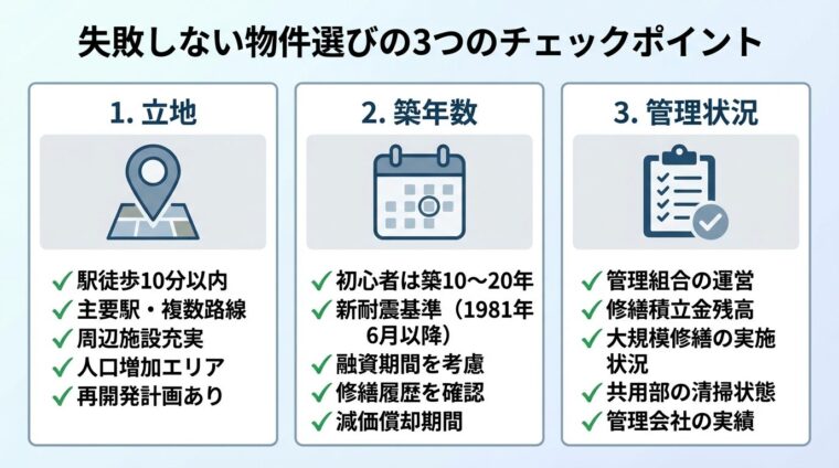 タイトル: 失敗しない物件選びの3つのチェックポイント。横並び3カード。カード1（地図ピンアイコン）ヘッダー: 立地、チェック項目: ✓駅徒歩10分以内 ✓主要駅・複数路線 ✓周辺施設充実 ✓人口増加エリア ✓再開発計画あり。カード2（カレンダーアイコン）ヘッダー: 築年数、チェック項目: ✓初心者は築10〜20年 ✓新耐震基準（1981年6月以降） ✓融資期間を考慮 ✓修繕履歴を確認 ✓減価償却期間。カード3（チェックリストアイコン）ヘッダー: 管理状況、チェック項目: ✓管理組合の運営 ✓修繕積立金残高 ✓大規模修繕の実施状況 ✓共用部の清掃状態 ✓管理会社の実績
