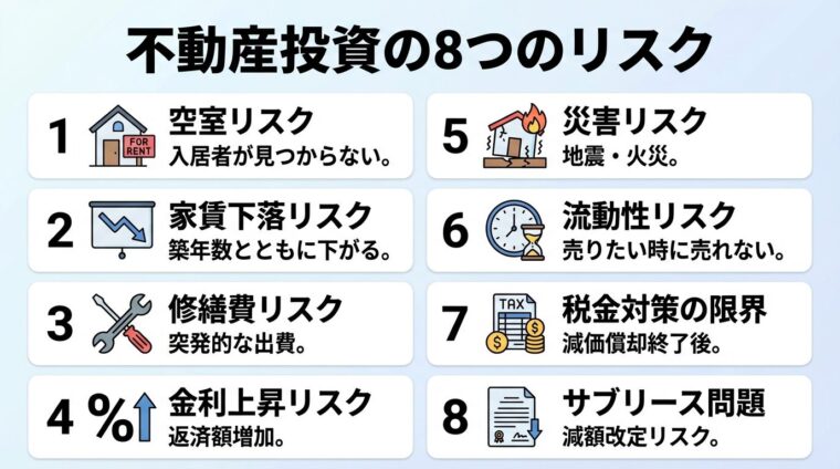 タイトル: 不動産投資の8つのリスク。縦並び8カードで: カード1（空室アイコン）空室リスク、入居者が見つからない。カード2（下降グラフ）家賃下落リスク、築年数とともに下がる。カード3（工具アイコン）修繕費リスク、突発的な出費。カード4（パーセント記号）金利上昇リスク、返済額増加。カード5（地震アイコン）災害リスク、地震・火災。カード6（時計アイコン）流動性リスク、売りたい時に売れない。カード7（税金アイコン）税金対策の限界、減価償却終了後。カード8（契約書アイコン）サブリース問題、減額改定リスク