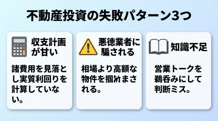 タイトル: 不動産投資の失敗パターン3つ。横並び3カードで: カード1（電卓のアイコン）ヘッダー: 収支計画が甘い、説明: 諸費用を見落とし実質利回りを計算していない。カード2（警告アイコン）ヘッダー: 悪徳業者に騙される、説明: 相場より高額な物件を掴まされる。カード3（本のアイコン）ヘッダー: 知識不足、説明: 営業トークを鵜呑みにして判断ミス