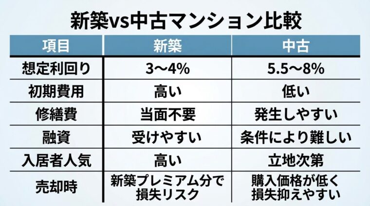タイトル: 新築vs中古マンション比較。2列の表: ヘッダー行: 項目 | 新築 | 中古。行1: 想定利回り | 3〜4% | 5.5〜8%。行2: 初期費用 | 高い | 低い。行3: 修繕費 | 当面不要 | 発生しやすい。行4: 融資 | 受けやすい | 条件により難しい。行5: 入居者人気 | 高い | 立地次第。行6: 売却時 | 新築プレミアム分で損失リスク | 購入価格が低く損失抑えやすい