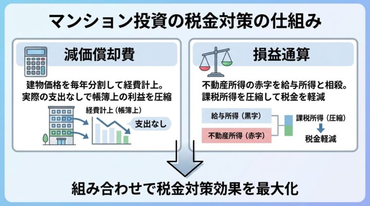 タイトル: マンション投資の税金対策の仕組み。左右2つのボックス構成。左ボックス: ヘッダー「減価償却費」、説明「建物価格を毎年分割して経費計上。実際の支出なしで帳簿上の利益を圧縮」、アイコン（計算機）。右ボックス: ヘッダー「損益通算」、説明「不動産所得の赤字を給与所得と相殺。課税所得を圧縮して税金を軽減」、アイコン（天秤）。中央に下向き矢印で「組み合わせで税金対策効果を最大化」