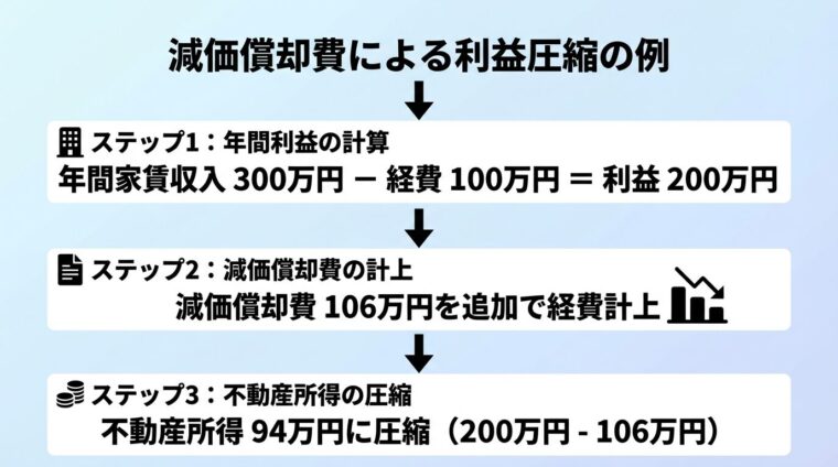 タイトル: 減価償却費による利益圧縮の例。縦に並ぶ3つのステップ。ステップ1: 「年間家賃収入300万円 - 経費100万円 = 利益200万円」。ステップ2: 「減価償却費106万円を追加で経費計上」。ステップ3: 「不動産所得94万円に圧縮（200万円 - 106万円）」。各ステップを下向き矢印で接続