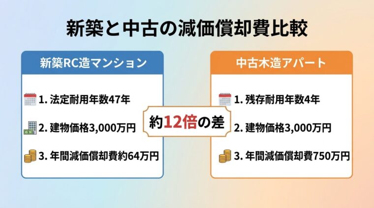 タイトル: 新築と中古の減価償却費比較。横並び2つのボックス。左ボックス: ヘッダー「新築RC造マンション」、内容「法定耐用年数47年、建物価格3,000万円、年間減価償却費約64万円」。右ボックス: ヘッダー「中古木造アパート」、内容「残存耐用年数4年、建物価格3,000万円、年間減価償却費750万円」。中央に「約12倍の差」を強調表示