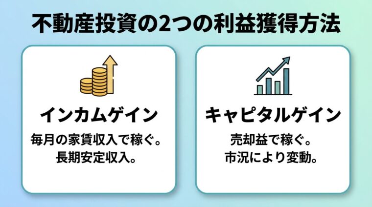 タイトル: 不動産投資の2つの利益獲得方法。横並び2カードで: カード1（コインのアイコン）ヘッダー: インカムゲイン、説明: 毎月の家賃収入で稼ぐ。長期安定収入。カード2（グラフ上昇アイコン）ヘッダー: キャピタルゲイン、説明: 売却益で稼ぐ。市況により変動。