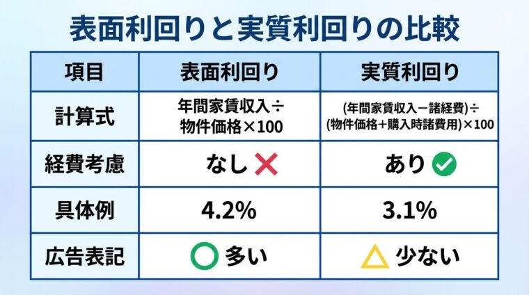 タイトル: 表面利回りと実質利回りの比較。2列の表: ヘッダー行: 項目 | 表面利回り | 実質利回り。行1: 計算式 | 年間家賃収入&divide;物件価格&times;100 | (年間家賃収入&minus;諸経費)&divide;(物件価格+購入時諸費用)&times;100。行2: 経費考慮 | なし | あり。行3: 具体例 | 4.2% | 3.1%。行4: 広告表記 | ◯ 多い | △ 少ない