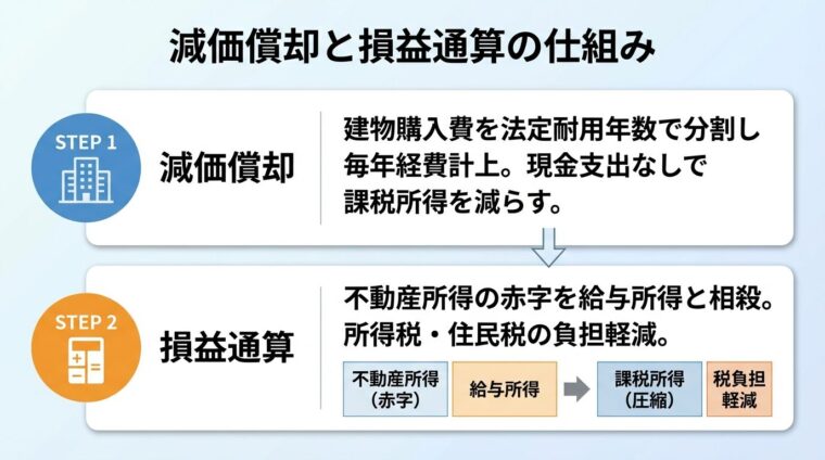 タイトル: 減価償却と損益通算の仕組み。縦並び2ステップで: ステップ1（建物アイコン）ヘッダー: 減価償却、説明: 建物購入費を法定耐用年数で分割し毎年経費計上。現金支出なしで課税所得を減らす。ステップ2（計算機アイコン）ヘッダー: 損益通算、説明: 不動産所得の赤字を給与所得と相殺。所得税・住民税の負担軽減。