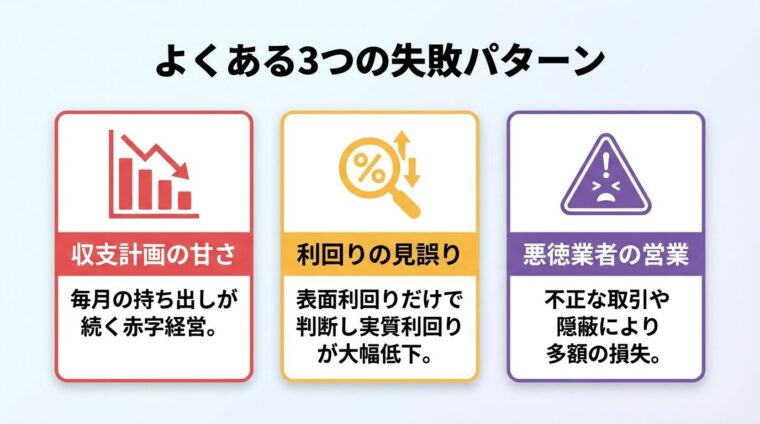 タイトル: よくある3つの失敗パターン。縦並び3カードで: カード1（グラフ下降アイコン）ヘッダー: 収支計画の甘さ、説明: 毎月の持ち出しが続く赤字経営。カード2（虫眼鏡アイコン）ヘッダー: 利回りの見誤り、説明: 表面利回りだけで判断し実質利回りが大幅低下。カード3（警告アイコン）ヘッダー: 悪徳業者の営業、説明: 不正な取引や隠蔽により多額の損失。