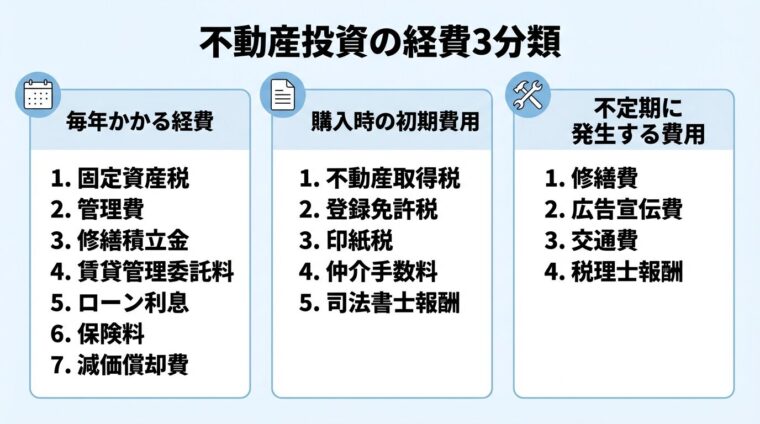 タイトル: 不動産投資の経費3分類。横並び3カードで: カード1（カレンダーアイコン）ヘッダー: 毎年かかる経費、説明: 固定資産税、管理費、修繕積立金、賃貸管理委託料、ローン利息、保険料、減価償却費。カード2（書類アイコン）ヘッダー: 購入時の初期費用、説明: 不動産取得税、登録免許税、印紙税、仲介手数料、司法書士報酬。カード3（工具アイコン）ヘッダー: 不定期に発生する費用、説明: 修繕費、広告宣伝費、交通費、税理士報酬。