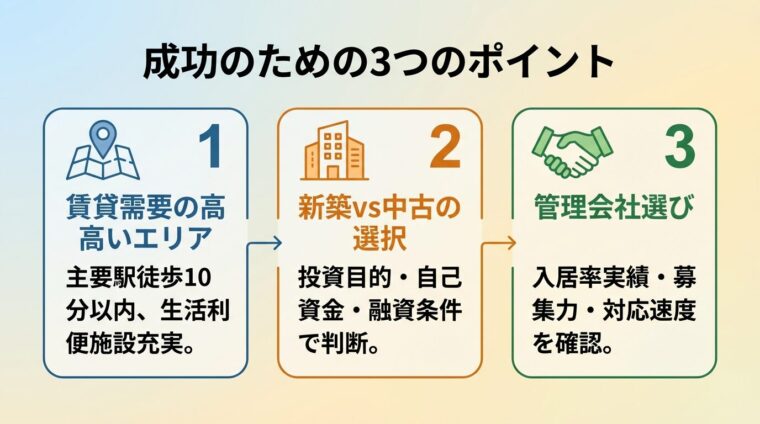 タイトル: 成功のための3つのポイント。縦並び3ステップで: ステップ1（地図アイコン）ヘッダー: 賃貸需要の高いエリア、説明: 主要駅徒歩10分以内、生活利便施設充実。ステップ2（建物アイコン）ヘッダー: 新築vs中古の選択、説明: 投資目的・自己資金・融資条件で判断。ステップ3（握手アイコン）ヘッダー: 管理会社選び、説明: 入居率実績・募集力・対応速度を確認。