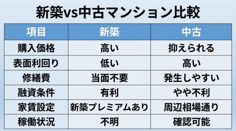 タイトル: 新築vs中古マンション比較。5列の表: ヘッダー行: 項目 | 新築 | 中古。行1: 購入価格 | 高い | 抑えられる。行2: 表面利回り | 低い | 高い。行3: 修繕費 | 当面不要 | 発生しやすい。行4: 融資条件 | 有利 | やや不利。行5: 家賃設定 | 新築プレミアムあり | 周辺相場通り。行6: 稼働状況 | 不明 | 確認可能