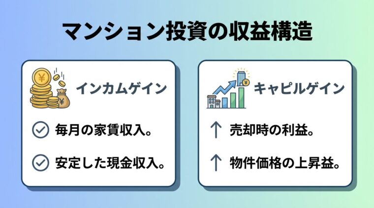 タイトル: マンション投資の収益構造。横並び2カードで: カード1（コインのアイコン）ヘッダー: インカムゲイン、説明: 毎月の家賃収入。安定した現金収入。カード2（グラフ上昇のアイコン）ヘッダー: キャピタルゲイン、説明: 売却時の利益。物件価格の上昇益