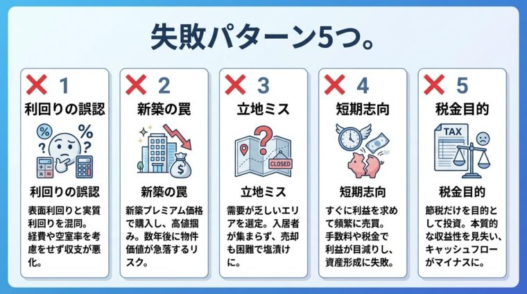 タイトル: 失敗パターン5つ。縦並び5カードで: カード1（&times;マーク）利回りの誤認、カード2（&times;マーク）新築の罠、カード3（&times;マーク）立地ミス、カード4（&times;マーク）短期志向、カード5（&times;マーク）税金目的