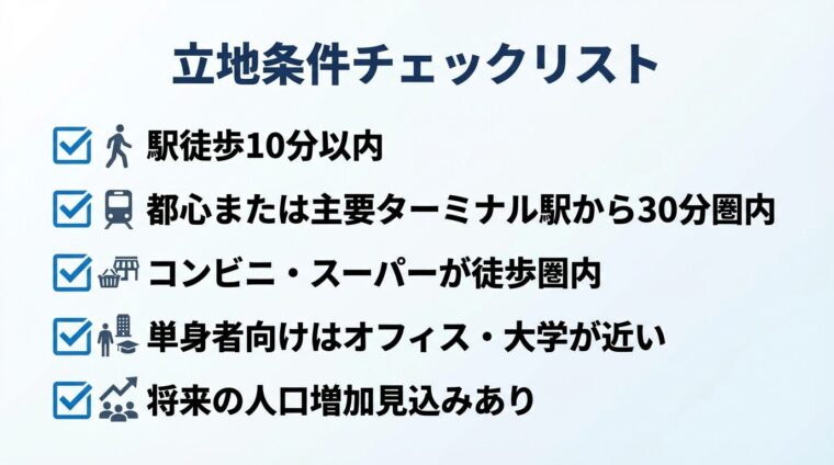 タイトル: 立地条件チェックリスト。チェックマーク付きリストで: ☑ 駅徒歩10分以内、☑ 都心または主要ターミナル駅から30分圏内、☑ コンビニ・スーパーが徒歩圏内、☑ 単身者向けはオフィス・大学が近い、☑ 将来の人口増加見込みあり