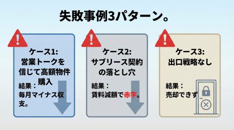 タイトル: 失敗事例3パターン。縦並び3カードで: カード1（警告アイコン）ケース1: 営業トークを信じて高額物件購入、結果: 毎月マイナス収支。カード2（警告アイコン）ケース2: サブリース契約の落とし穴、結果: 賃料減額で赤字。カード3（警告アイコン）ケース3: 出口戦略なし、結果: 売却できず